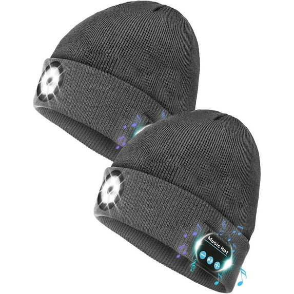 2 Pack Bluetooth Beanie Hat with Light, 5 LED Rechargeable Headlamp Cap with Wireless Headphones, Winter Knitted Bluetooth Hat, Women Men Gift Stocking Stuffers for Dad Father Husband