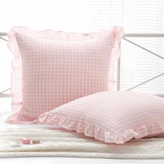 2 Pack Blush Gingham Ruffle Euro Pillow Sham Covers, 100% Washed Cotton Plaid Checkered Farmhouse Decorative Pillow Shams for Bed/Sofa Zipper Closure - 22"x22"