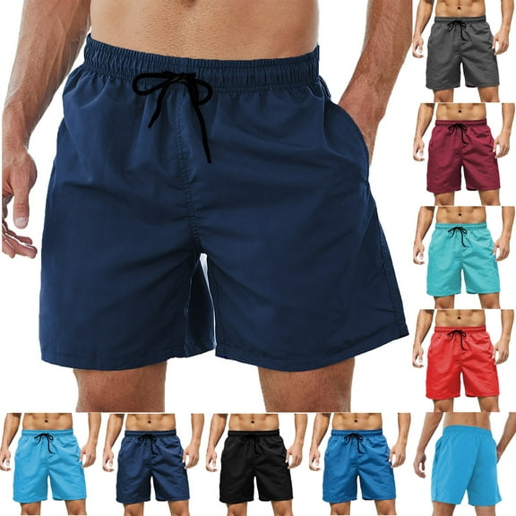 2 Pack Board Shorts for Men with Pockets and Mesh Liner Casual Drawstring Elastic Waist Solid Color Straight Wide Leg Hawaiian Beach Short