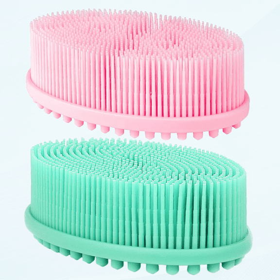 2 Pack Body Brush for Wet Dry Brushing, Silicone Body Scrubber for Gentle Exfoliating on Softer Glowing Skin, Massage with Silicone Loofah Bath Brush, Shower Brush for Women Men (Pink & Green)