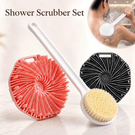2 Pack Body Scrubber Set With Long Handle Back Scrubber - Non-Slip Shower Body Brush For Exfoliating, Charcoal, Gentle Massage For Men & Women