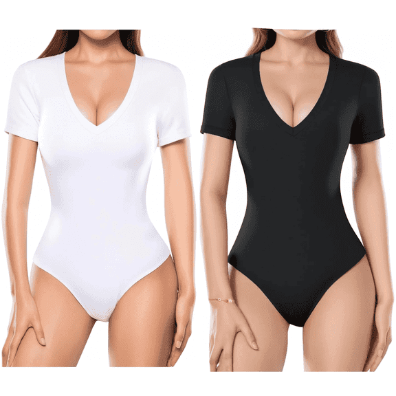 MLDRA 2 Pack Women Body Suit Deep V Neck Short Sleeve Bodysuits Summer Lightweight Tops Black and White
