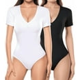 thumbnail image 1 of MLDRA 2 Pack Women Body Suit Deep V Neck Short Sleeve Bodysuits Summer Lightweight Tops Black and White, 1 of 7
