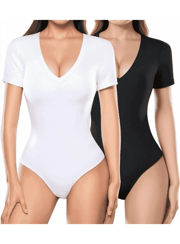 2 Pack Women Body Suit Deep V Neck Short Sleeve Bodysuits Summer Lightweight Tops Black and White