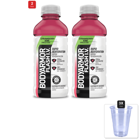 2 Pack | Bodyarmor Flash Iv Strawberry Kiwi Electrolyte Beverage, 20 Fl Oz & 3x 9oz Disposable Plastic Cups