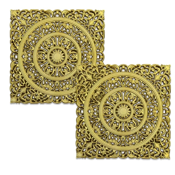 2 Pack Boho Carved Golden Wood Wall Sculpture, Intricate Floral Mandala Design with Distressed, Vintage Farmhouse Wall Art Panel with Floater Frame for Bedroom Entryway