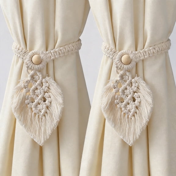 2 Pack Boho Cotton Rope Curtain Tiebacks with Wood Beads, Handmade Decorative Drapery Holdbacks for Window Treatments, Beige