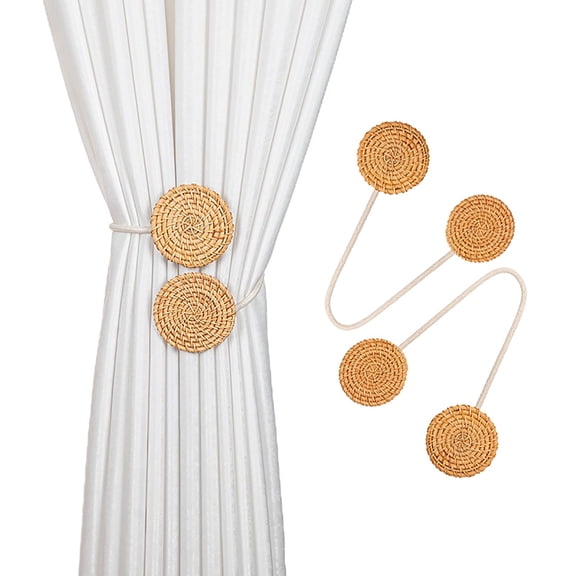 2 Pack Boho Curtain Tiebacks, Rattan Curtain Holdbacks, Natural Rattan Boho Tie Backs, No Drill Drapes Decorative for Indoor Outdoor Bedroom Window Living Room