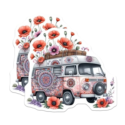 (2 Pack) Boho Flower Van Magnets Magnets - Retro Camper Van Decoration - Hippie Style Floral Van Art - 5" On Longest Side - Made in USA - Sticks to Refrigerators & Metal Surfaces - MAG8880