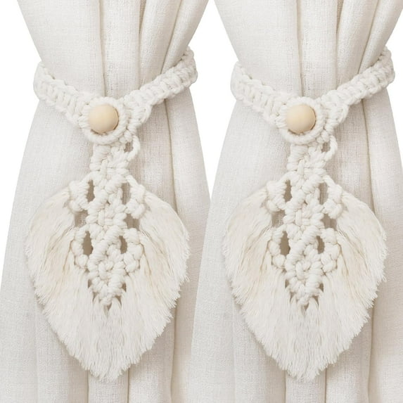 2 Pack Boho Leaf Tassel Curtain Tiebacks, Hand Knitting Cotton Curtain Holdbacks,Crochet Cotton Rope Wall Hanging Decoration, Bohemian Home Decor, for Indoor Outdoor Drapes Decoration (Cream White)