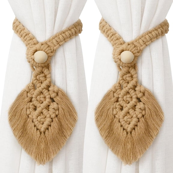 2 Pack Boho Leaf Tassel Curtain Tiebacks, Hand Knitting Cotton Curtain Holdbacks,Crochet Cotton Rope Wall Hanging Decoration, Bohemian Home Decor, for Indoor Outdoor Drapes Decoration (Warm Brown)