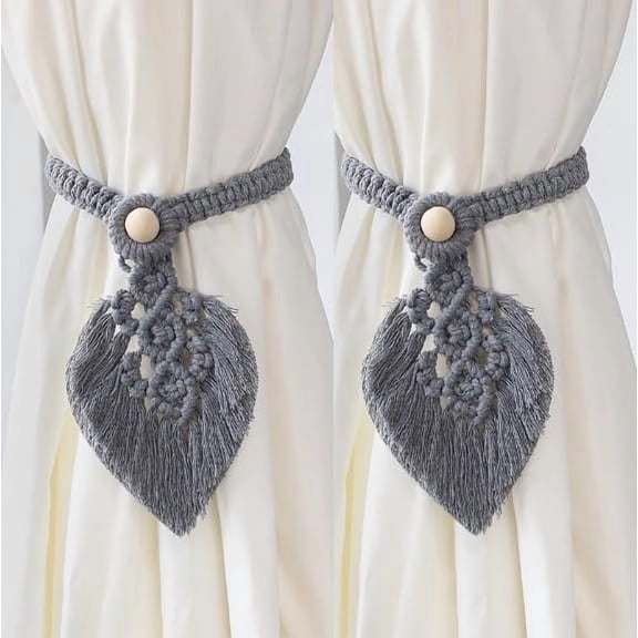 2 Pack Boho Leaf Tassel Curtain Tiebacks, Hand Knitting Cotton Curtain Holdbacks,Crochet Cotton Rope Wall Hanging Decoration, Bohemian Home Decor, for Indoor Outdoor Drapes Decoration (Cool Grey)