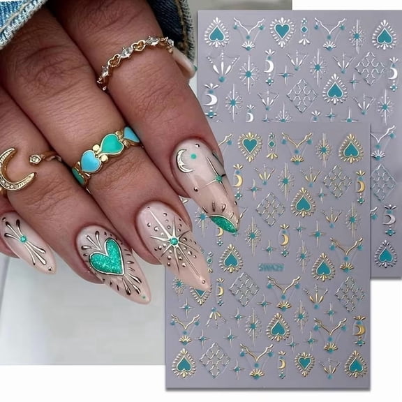 2 Pack Boho Nail Art Stickers 3D Copper Heart Sun Moon Decals