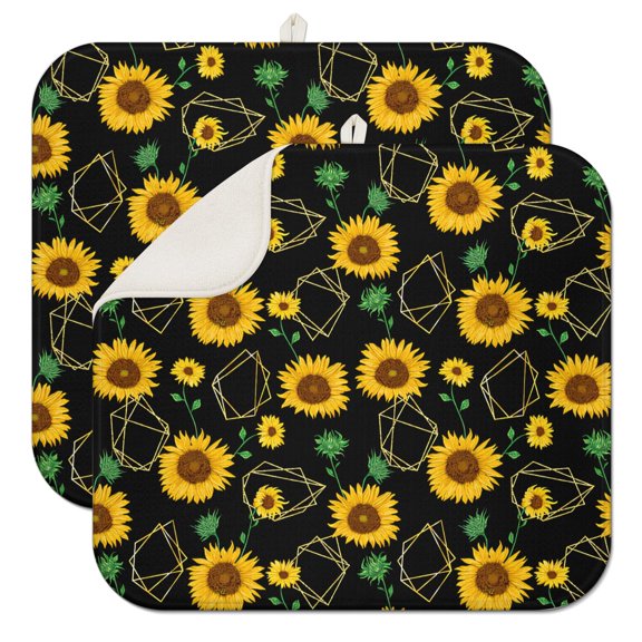 2 Pack Boho Sunflower Drying Mats - Thick 3-Layer Foldable Kitchen Mat with Rustic Farmhouse Pattern