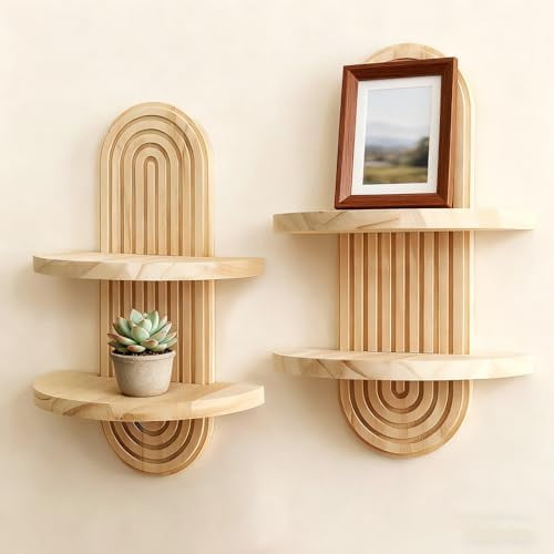 2 Pack Boho Wall Hanging Shelf - Handmade 2 Tier Rainbow Arch Solid Wood Floating Shelves Wall Decor Small Trinket Storage Rack for Bedroom Living Room Nursery Bathroom