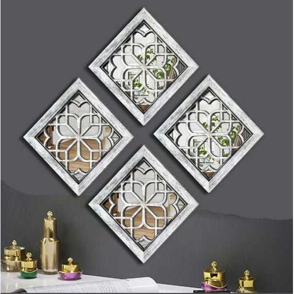 2 Pack Boho Wall Mirrors 12"x12", Rustic Farmhouse Square Shatterproof Decorative Mirrors for Living Room & Bedroom, Vintage Accent Wall Décor, Gray