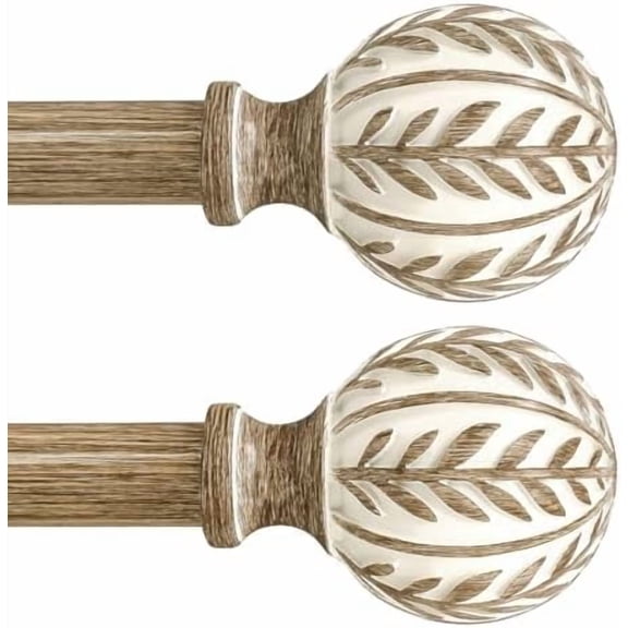 2 Pack Boho Wood Curtain Rods for Windows 28 to 48 inch,1" Adjustable Heavy Duty Window Curtain Rod with Imitation Wood Grain Finials,Rustic Decorative Drapery Rods Set 18-60'',Weathered Wood