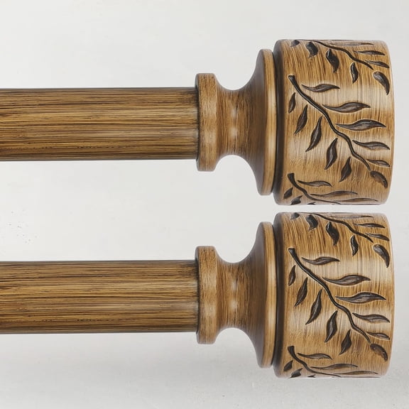 2 Pack Boho Wood Curtain Rods for Windows 48 to 84 Inch, 1" Adjustable Heavy Duty Curtain Rod with Imitation Wooden Grain Leaf Pattern Finials, Rustic Decorative Drapery Rods, Size 32"-90", Dark Wood