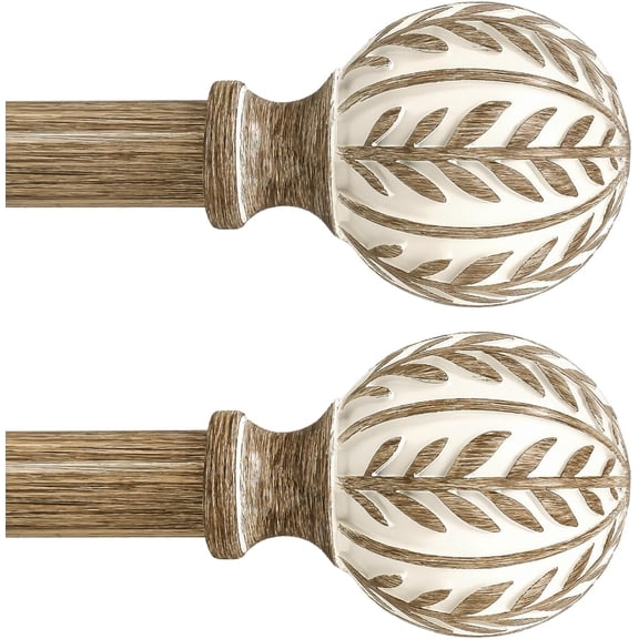 2 Pack Boho Wood Curtain Rods for Windows 48 to 84 inch,1" Adjustable Heavy Duty Window Curtain Rod with Imitation Wood Grain Finials,Rustic Decorative Drapery Rods Set 36-88'',Weathered Wood