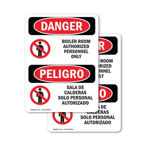 (2 Pack) Boiler Room Bilingual OSHA Danger Sign 10 Inch X 14 Inch Vinyl Label Decal Sticker Weather Resistant, UV Protected for Workplace, Business, and Construction Site, Made in the