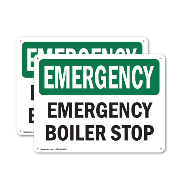(2 Pack) Boiler Stop OSHA Emergency Sign 24 Inch X 18 Inch Plastic Sign, Weather Resistant, UV Protected for Workplace, Business, and Construction Site, Made in the USA