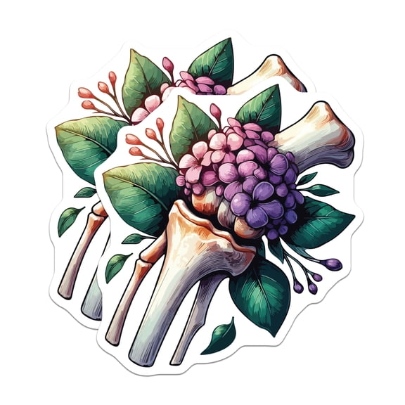(2 Pack) Bone Hydrangea Stickers - Skeletal Floral Art - Anatomical Botanical Decor - 5" On Longest Side - Sticks to Smooth Flat Surfaces - Made in USA - BMCS20005