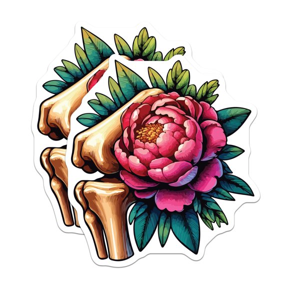 (2 Pack) Bone Peony Stickers - Anatomy Floral Art - Macabre Blossom Decals - 5" On Longest Side - Sticks to Smooth Flat Surfaces - Made in USA - BMCS20139