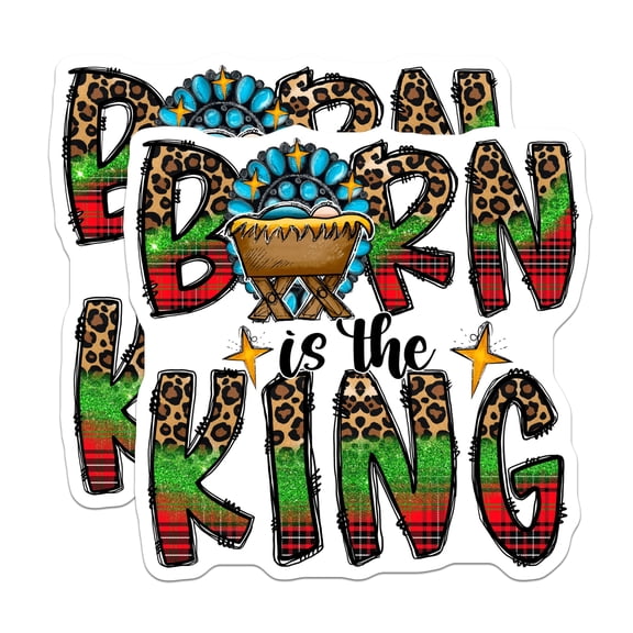 (2 Pack) Born is The King Magnets - Christian Christmas Decor - Manger Scene Plaid Leopard - Rustic Holiday Fridge - 5 Inches On Longest Side - Thick Durable Magnet - Made in USA - MAG28699