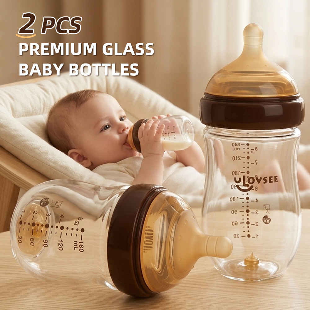 2 Pack Biberones de Vidrio Borosilicato, 8 oz Cuello Ancho con Tetinas de Silicona de Flujo Medio