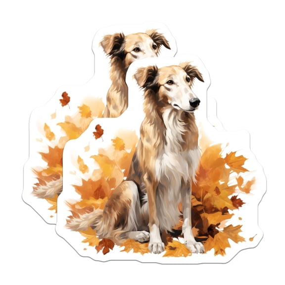 (2 Pack) Borzoi Dog Magnets - Autumn Leaves Decor - Sighthound Pet Art - Fall Kitchen Accent - 5 Inches On Longest Side - Thick Durable Magnet - Made in USA - MAG25103