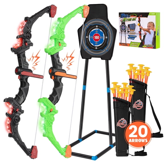 2 Pack Bow and Arrow Set for Kids, LED Light Up Archery Set with Sound Effects, 20 Suction Cup Arrows,1 Standing Target & 2 Quiver, Indoor and Outdoor Toy for Boys Girls Age 4-8 8-12 (Green&Red)