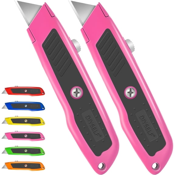 2 Pack Box Cutter Retractable Heavy Duty Utility Knife, Ergonomic Razor Knife for Warehouse, Office, Exacto Knives Box Opener for Package, Cardboard (Pink)