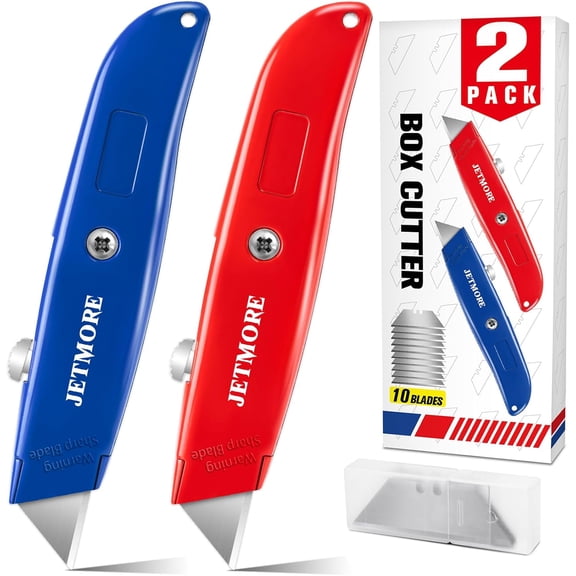 2 Pack Box Cutter Retractable, Utility Knife with 10 Extra Blades, Heavy Duty Box Cutters, All Metal Razor Knife Box Opener, Box Knife for Cardboard, Boxes, Cartons, Drywall, Package Opener