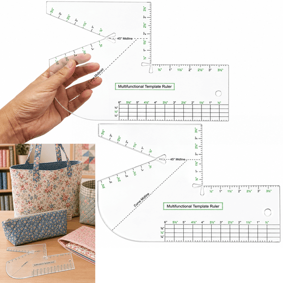 2 Pack Boxed Bag Making Template, 7.5"x10" Acrylic Sewing Ruler Set with Curve & Zip Pocket Stencils, 3mm Thick Quilting Notion for Beginners & DIY Crafters