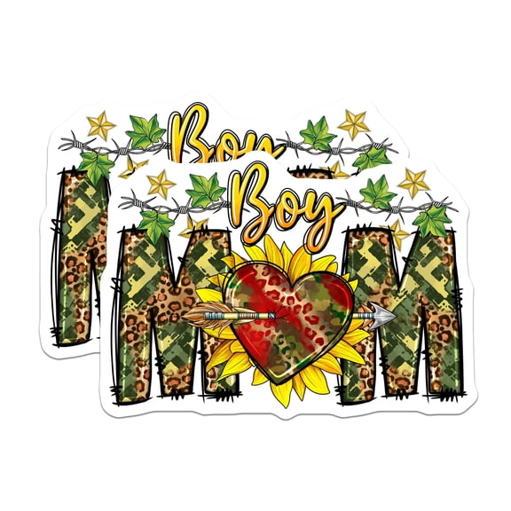 (2 Pack) Boy Mom Magnets - Camo Leopard Print - Sunflower Barbed Wire Arrow Heart - 5 Inches On Longest Side - Thick Durable Magnet - Made in USA - MAG23349