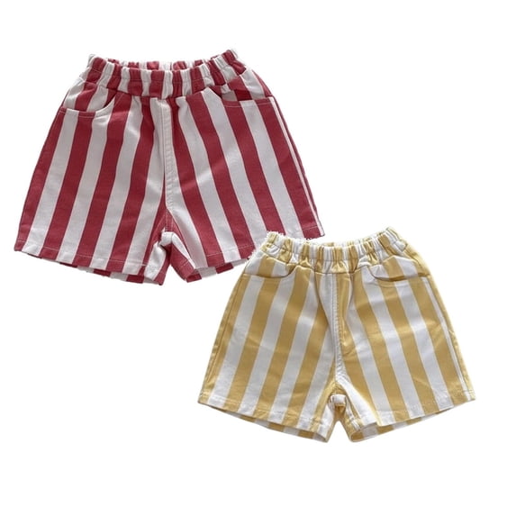 2 Pack Boy's Cotton Stripe Shorts Summer Elastic Waist Casual Summer Toddler Shorts Lightweight with Pockets