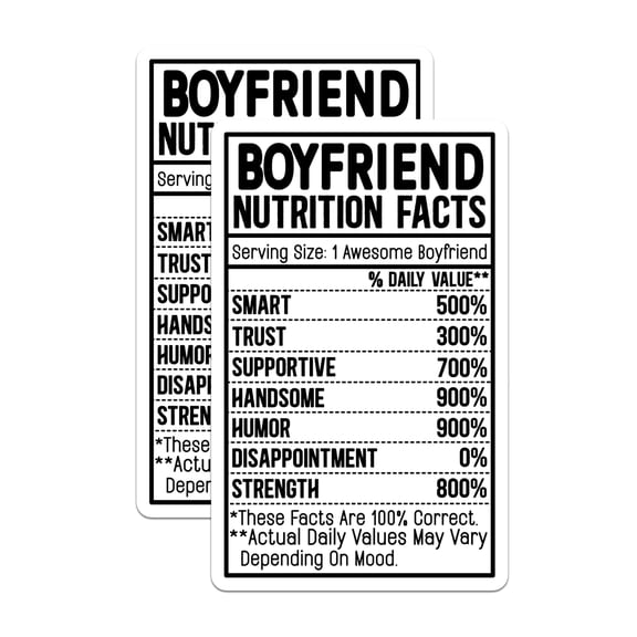 (2 Pack) Boyfriend Nutrition Facts Magnets - Fun Boyfriend - Relationship Humor Magnets - 5" On Longest Side - for Cars, Fridges, Toolboxes - Made in USA - MAG3950