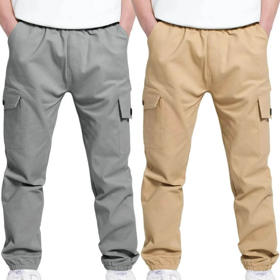 2 Pack Boys Cargo Joggers Pants Elastic Waist Casual Jogging Trousers School Uniform Outdoor Hiking Bottom Pants with Pockets Softball Pants for Girls Youth Khaki 6Y