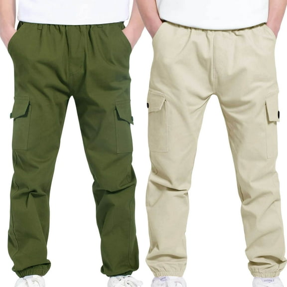 2 Pack Boys Cargo Pants Elastic Waist Casual School Uniform Trousers Outdoor Sports Athletic Hiking Pants with Pockets Boys Athletic Pants Beige 10Y