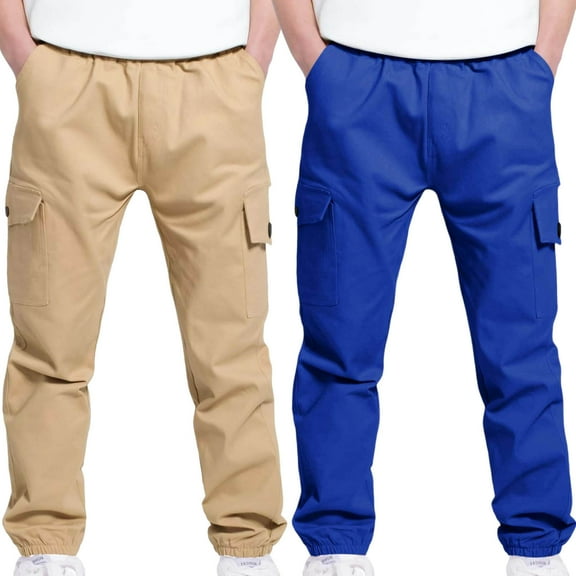 2 Pack Boys Cargo Pants - LLYWEY Toddler Boy School Uniform Pants Solid Color Jogger Leg Pull On Elastic Waist Casual Jogging Trousers