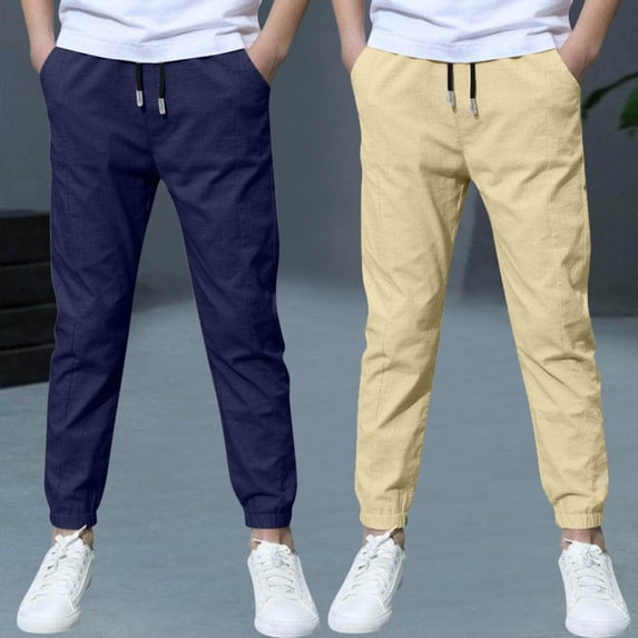 2-Pack Boys' Casual Jogger Pants Elastic Waist Drawstring Sweatpants Lightweight Breathable Cotton Blend Trousers with Pockets for Lounge Active Play