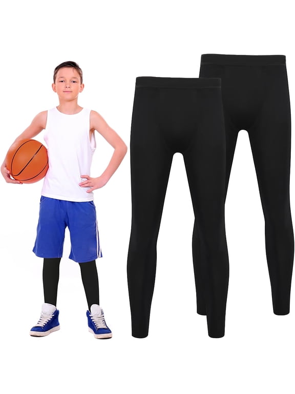 2 Pack Boys Compression Pants,Youth Compression Leggings Pants,Quick Dry Tights Athletic Pants for Running Football