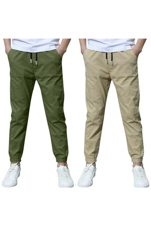 2 Pack Boys Cotton Linen Pants Summer Chino Pants Drawstring Trousers Lightweight Athletic Pant Casual Pant School Uniform