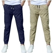 CTREELA 2 Pack Boys Cotton Linen Pants Summer Chino Pants Drawstring Trousers Lightweight Athletic Pant Casual Pant School Uniform