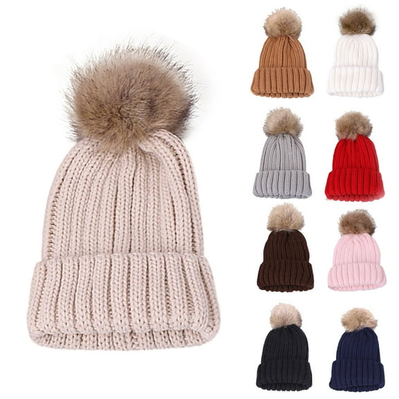 2 Pack Boys & Girls Beanies Hats Chunky Knitted Winter Pom-Pom Slouch Skull Cap Youth Casual Solid Color Stretchy Thermal Warm Hat