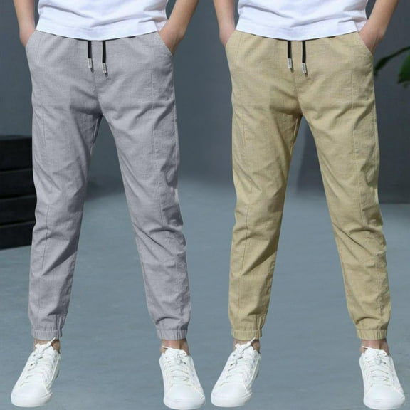 2 Pack Boys Linen Pants Summer Chino Pants Drawstring Trousers Lightweight Athletic Pant Casual Pant School Uniform