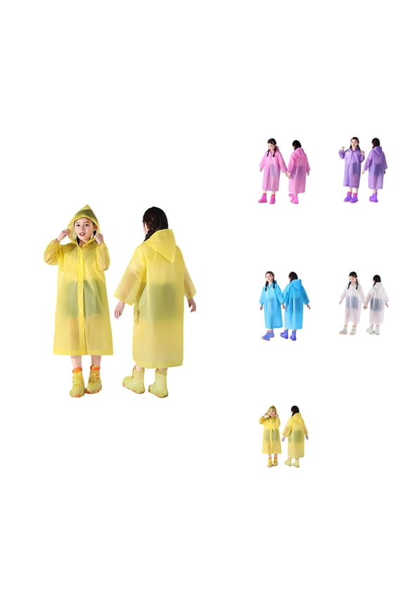 2 Pack Boys' and Girls' Plain Color Buttoned Raincoats, Thick Reusable Waterproof Ponchos with Hood and Sleeves for Spring Summer Autumn