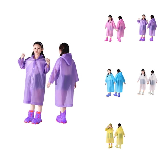 2 Pack Boys' and Girls' Plain Color Buttoned Raincoats, Thick Reusable Waterproof Ponchos with Hood and Sleeves for Spring Summer Autumn