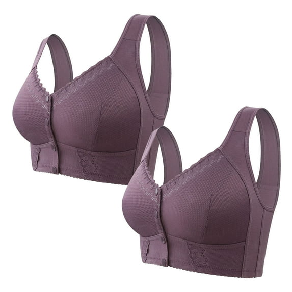 2 Pack Bra Front Closure Ladies Comfort Plus Size Breathable Underwear Full Coverage Everyday Bras for Old Women (M, Purple)