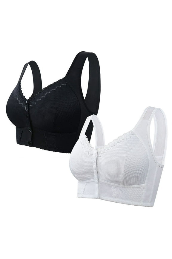2 Pack Bra Front Closure Womens Comfort Plus Size Breathable Underwear Full Coverage Everyday Bras for Old Women (5XL, Black A)